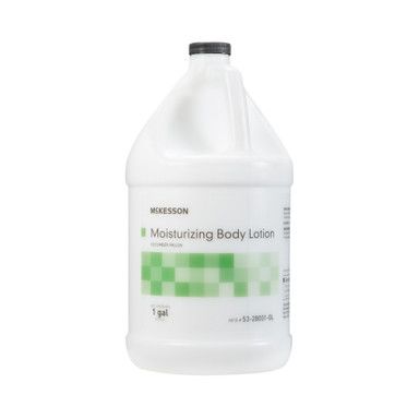 White McKesson moisturizing body lotion jug, green label, black cap.