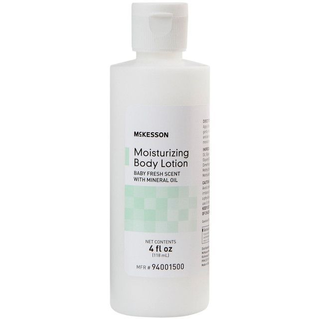 White bottle of McKesson moisturizing body lotion with a fresh scent.
