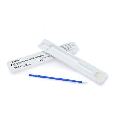 Individual fluoride varnish applicator with blue brush and packaging.