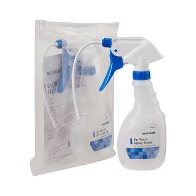 Ear wash spray bottle and fluid bag in packaging, white and blue.