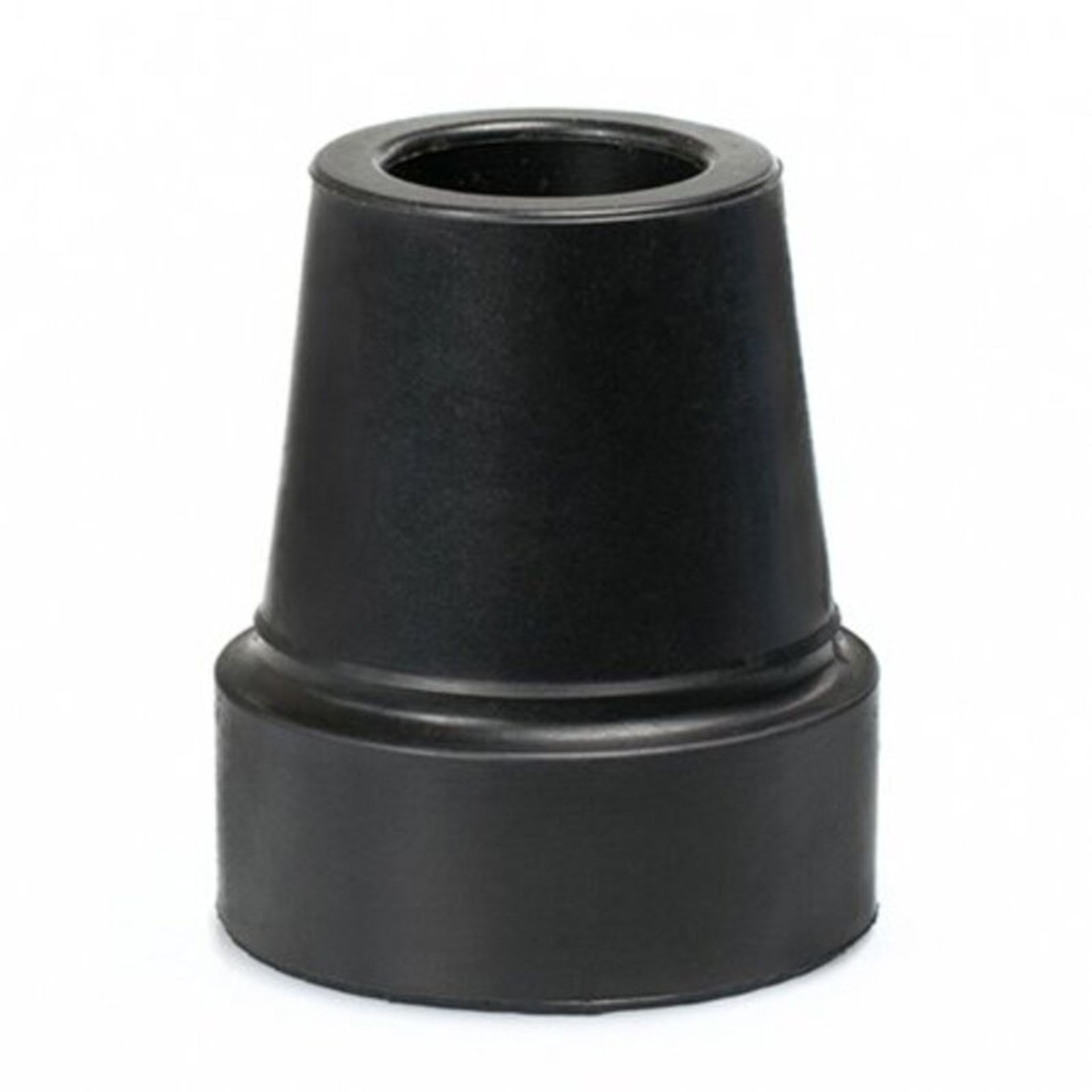 Black rubber cane tip, cylindrical shape with a flared base.