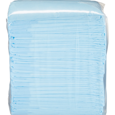 Stack of blue absorbent pads in clear plastic packaging.