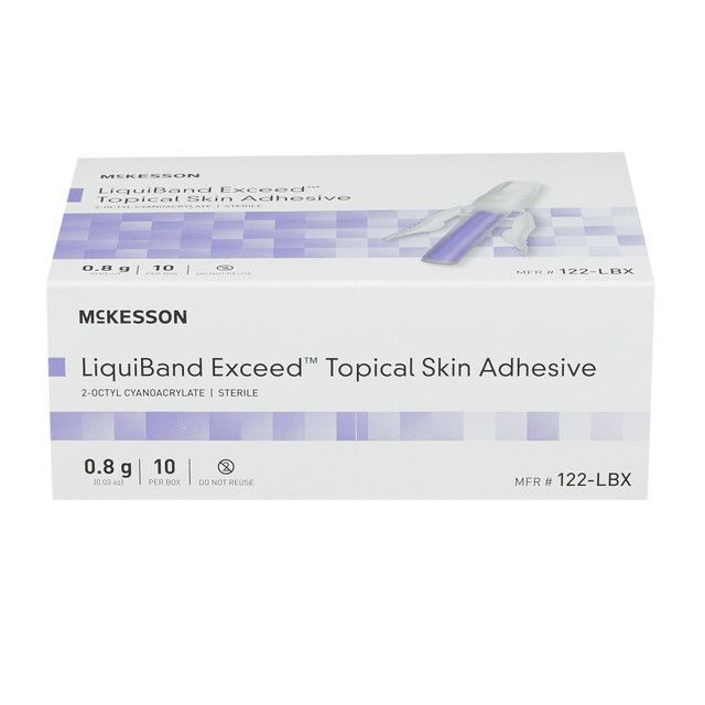 Box of McKesson LiquiBand Exceed topical skin adhesive, purple and white.