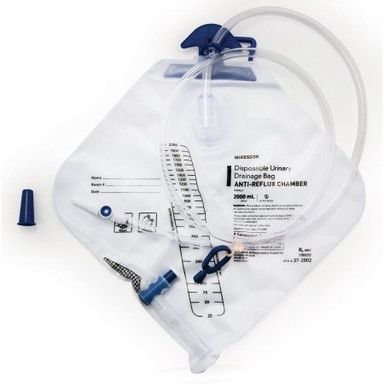 A clear, disposable urinary drainage bag with attached tubing and a blue cap, used in medical settings.