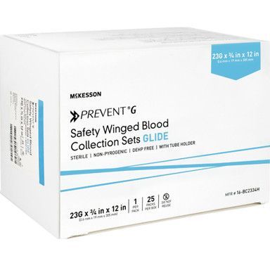 Box of McKesson Prevent'G safety winged blood collection sets. White box with blue accents, text labels.
