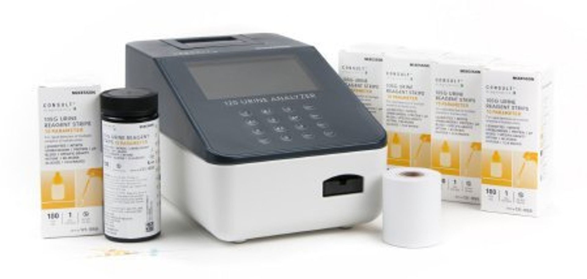 Urine analyzer with reagent strips and a roll of paper for printing results.