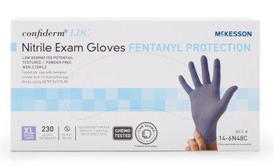 Box of nitrile exam gloves labeled 