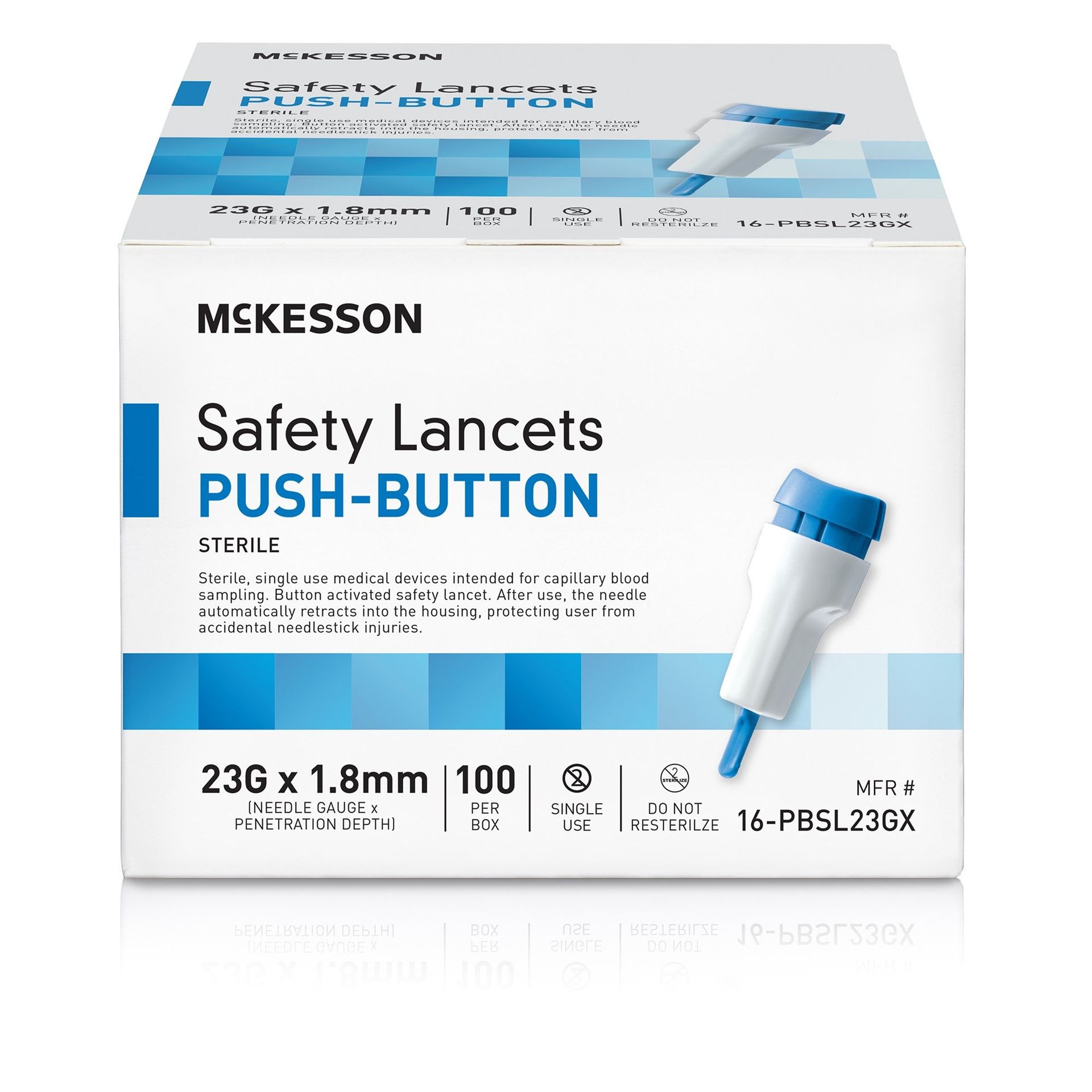 Box of McKesson safety lancets, white with blue accents.
