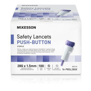 Box of McKesson Safety Lancets, white with blue accents, push-button design, containing 100 sterile lancets.