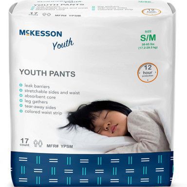 McKesson Youth Pants package; features leak barriers, stretchy sides, and 12-hour protection. A sleeping child is pictured.