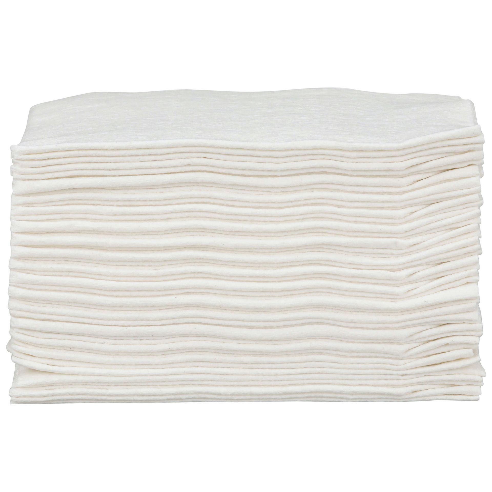 Stack of white absorbent cleaning cloths.