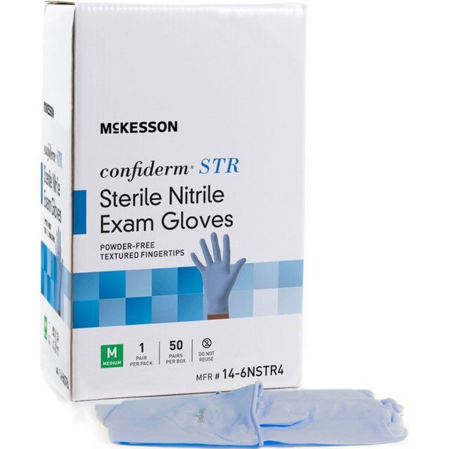 Box of blue McKesson confiderm STR sterile nitrile exam gloves, with some gloves in front.