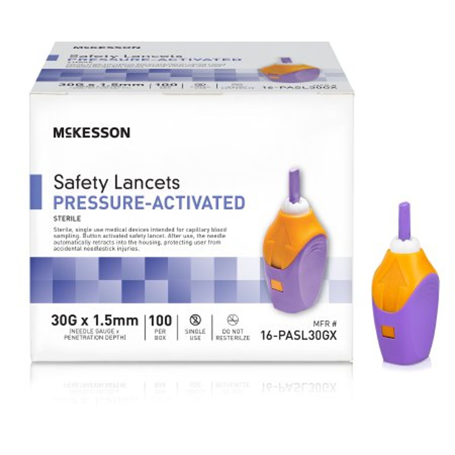 Box of McKesson safety lancets, pressure-activated, sterile. Contains 100 lancets, 30G x 1.5mm.