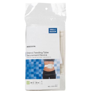 A package of McKesson enteral feeding tube securement device. Small/medium size, with picture of a person's abdomen.