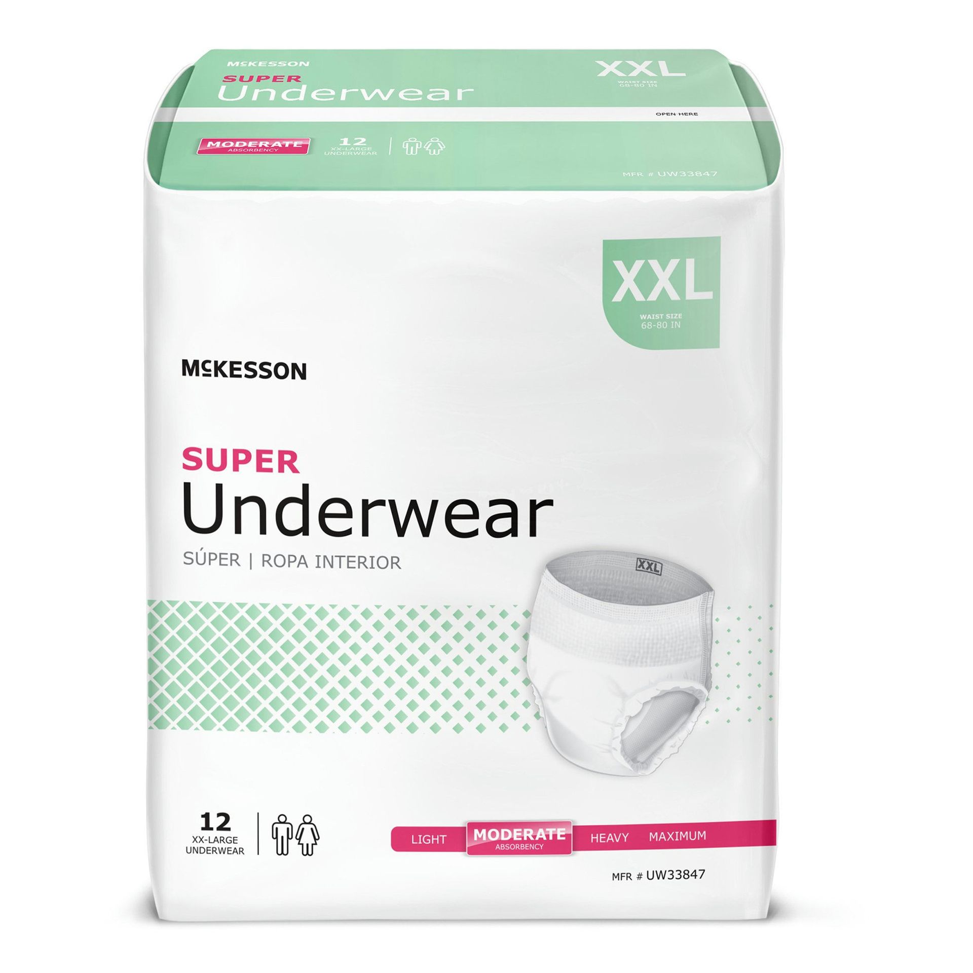 Package of XXL size incontinence underwear. White package with mint green and red accents, features a photo of the underwear.
