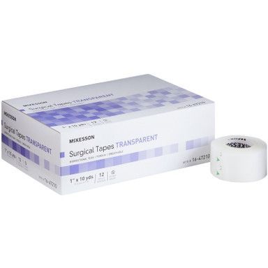 Box of McKesson transparent surgical tape rolls. White box with purple text; one roll visible.