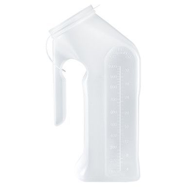 Clear plastic male urinal with handle and volume markings.