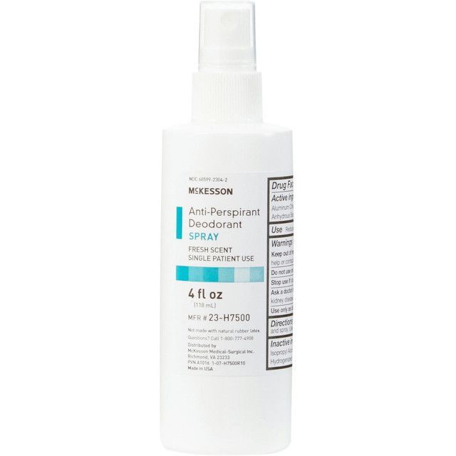 White bottle of McKesson anti-perspirant deodorant spray; fresh scent.