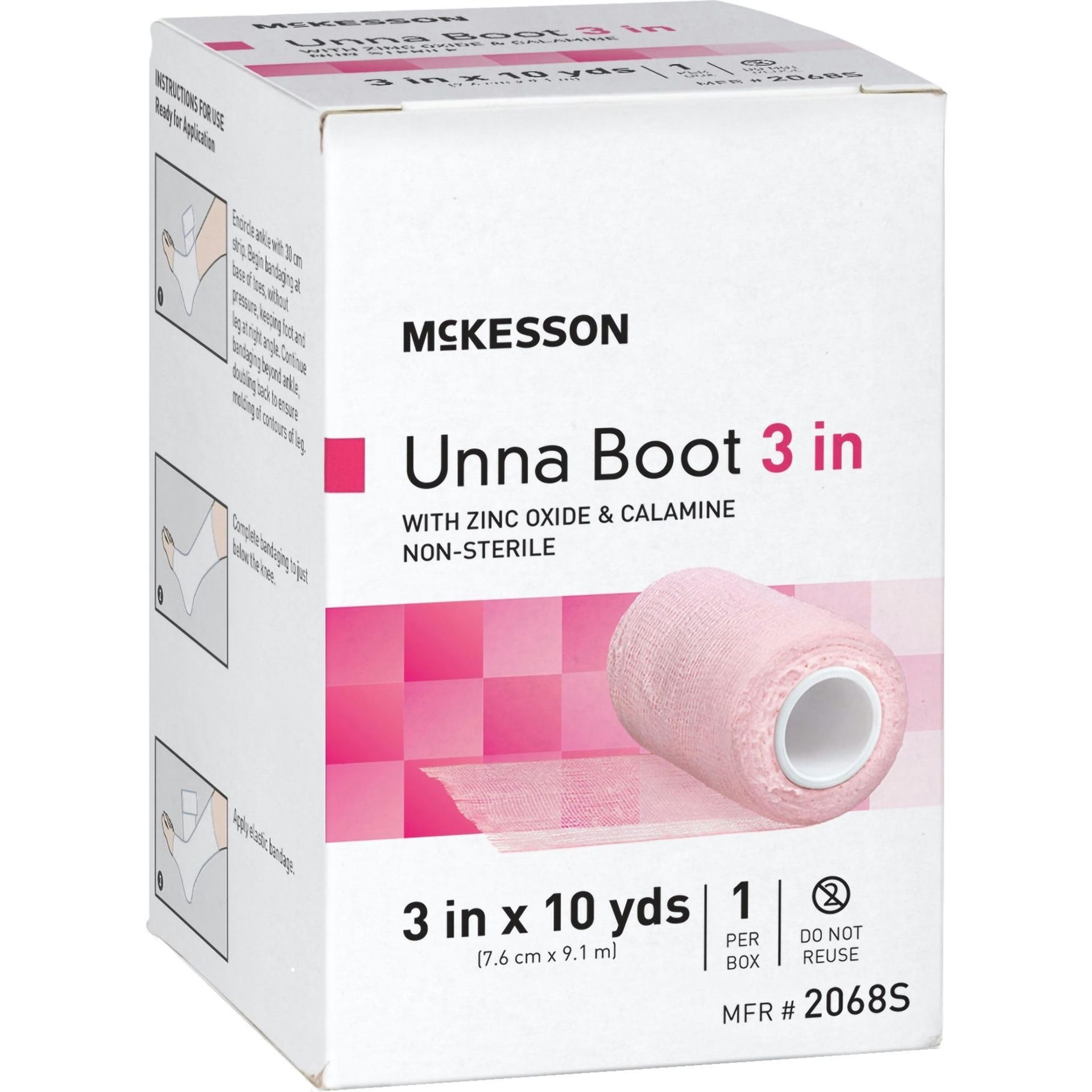Box of McKesson Unna Boot 3 in, pink gauze roll, with zinc oxide and calamine.