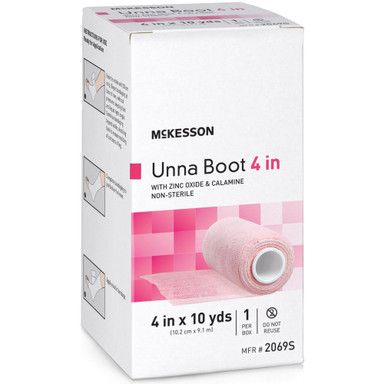 Box of McKesson Unna Boot bandages. Pink and white, with a bandage roll visible.