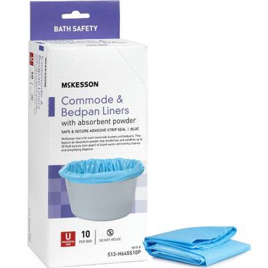 Box of McKesson commode and bedpan liners. Blue liners with absorbent powder, and a blue plastic commode are shown.
