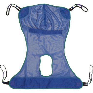 Blue mesh patient lift sling with head support, leg openings, and black lift loops.