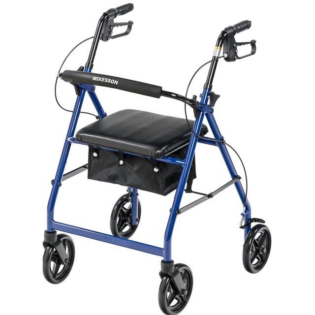 Blue rolling walker with a seat, basket, and hand brakes.