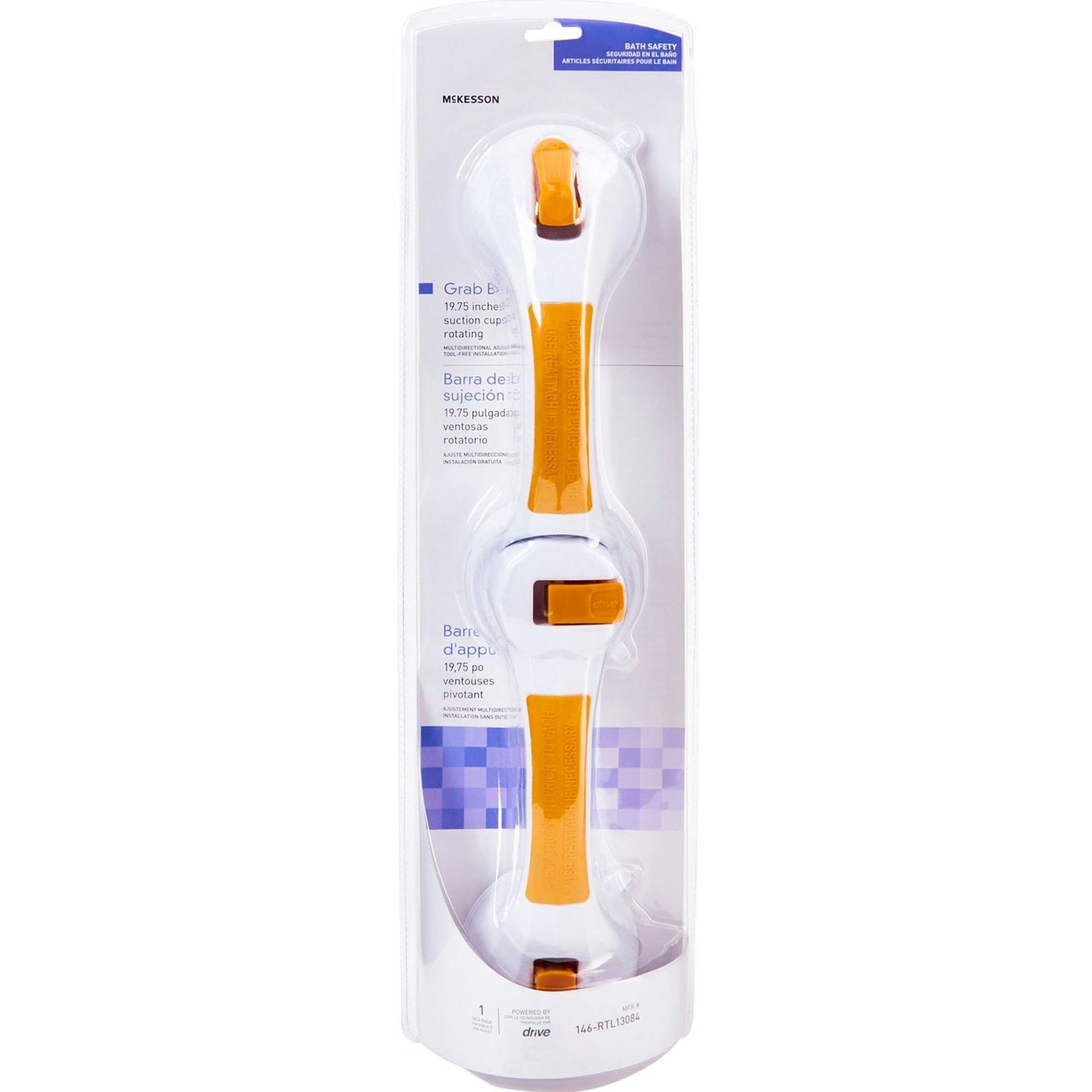 Packaged orange and white suction cup grab bar for safety.