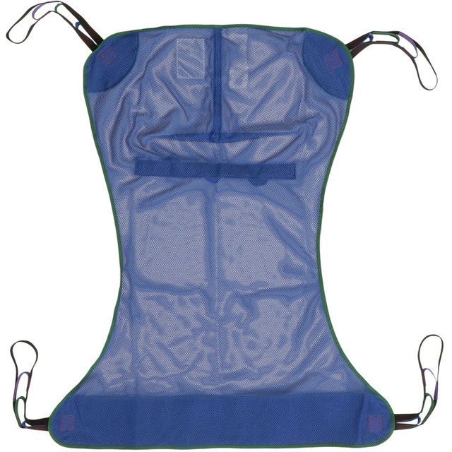 Blue mesh patient lift sling with black straps.