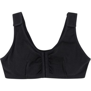 Black front-closure bra with wide straps and a scoop neckline.