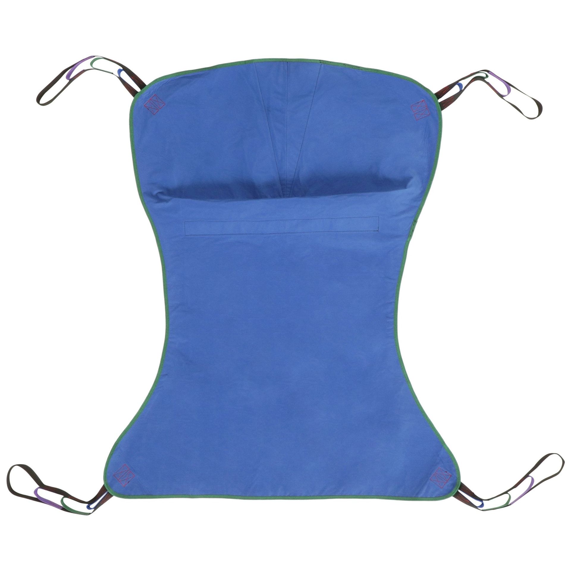 Blue patient lift sling with loops for attachment.