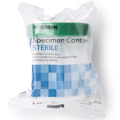 A McKesson sterile specimen container in a clear plastic bag, green lid, and blue and white label.