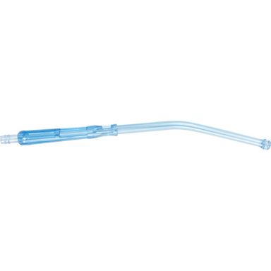 Light blue Yankauer suction tip, curved with handle and suction tip.