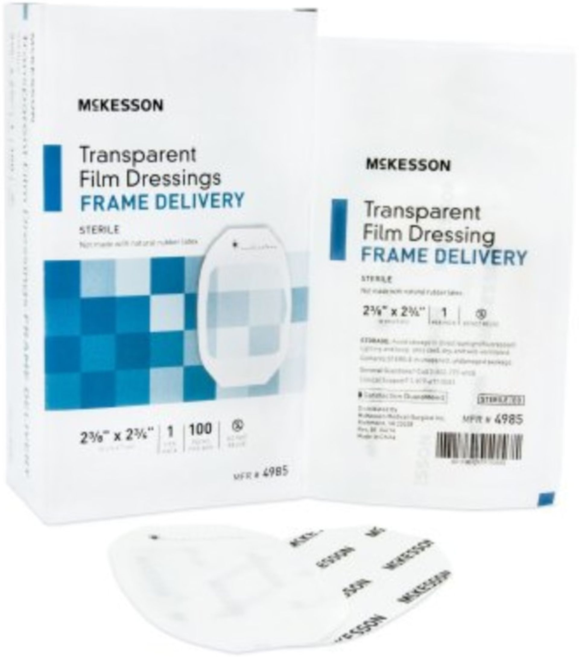 Two white McKesson boxes with transparent film dressings and one dressing on a white surface.