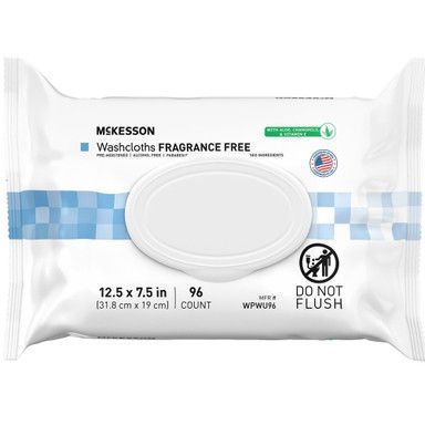 McKesson fragrance-free washcloth wipes, white package with blue accents, 