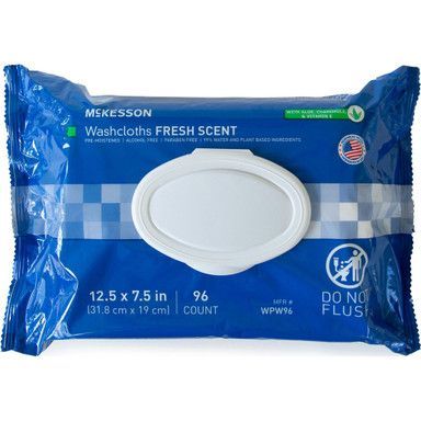 Blue McKesson washcloths packet with a white oval opening. Contains 96 fresh scent cloths, with a “do not flush” symbol.