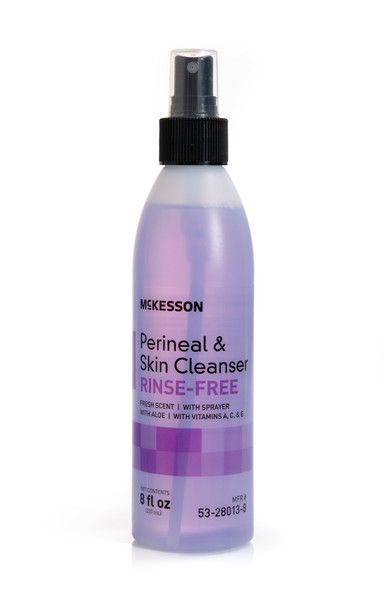 McKesson perineal and skin cleanser spray bottle with purple liquid, rinse-free.