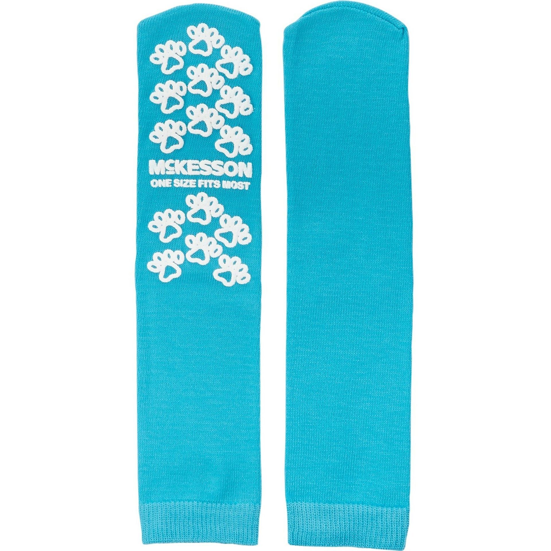Pair of blue McKesson non-skid socks with white paw prints, designed to prevent slipping.