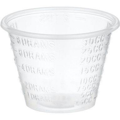 Clear plastic medicine cup with graduated markings for measurement.