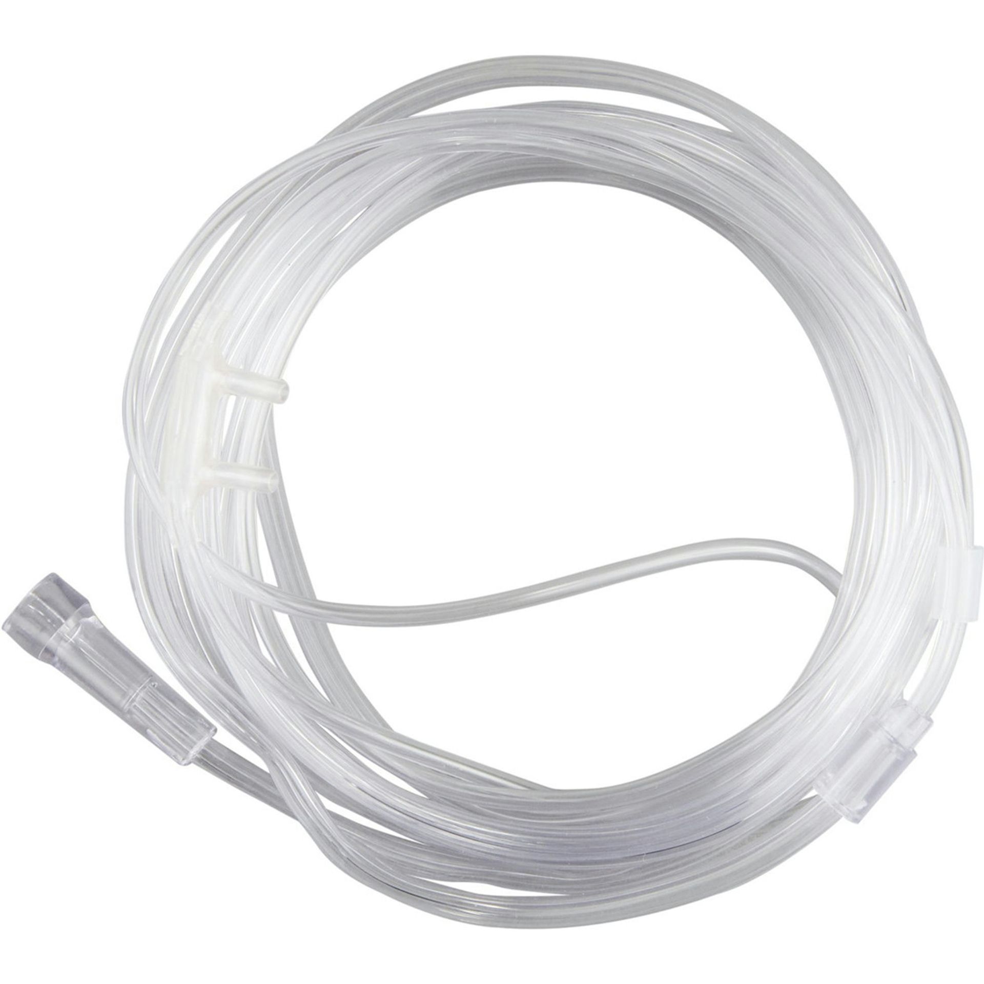 Clear coiled oxygen tubing with nasal cannula connector.
