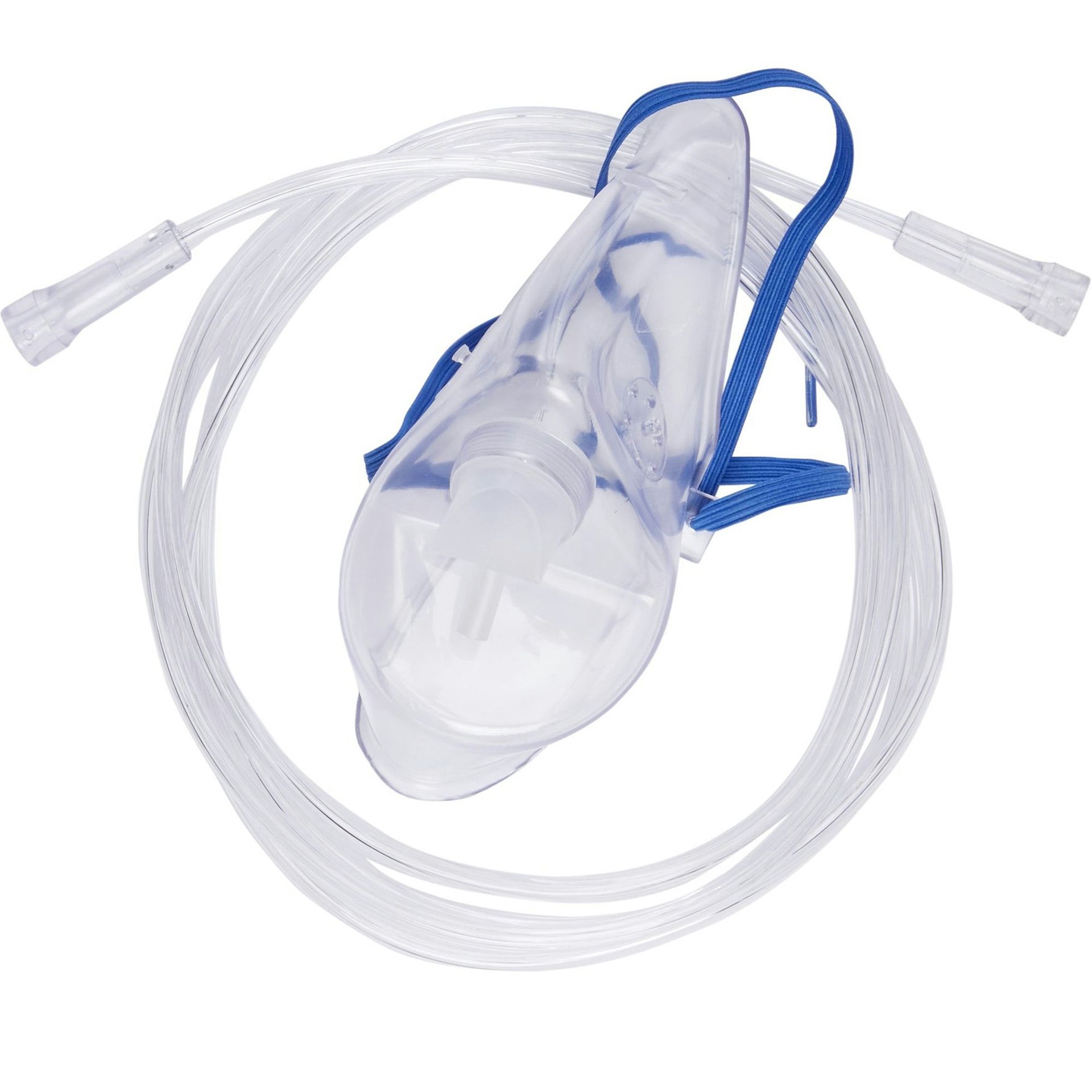 Oxygen mask with clear plastic facepiece, tubing, and blue strap.