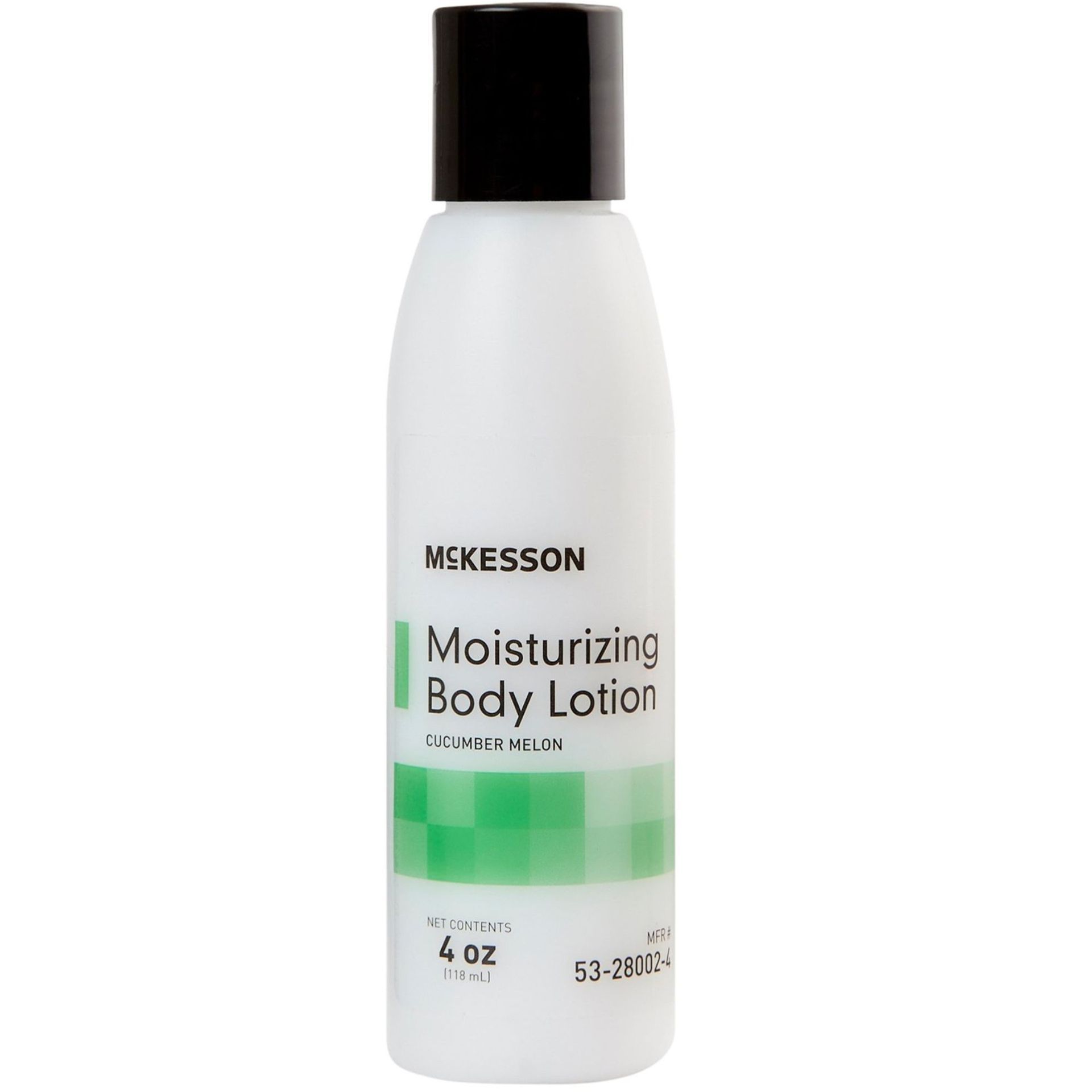 McKesson Moisturizing Body Lotion bottle, white with black cap and green label.
