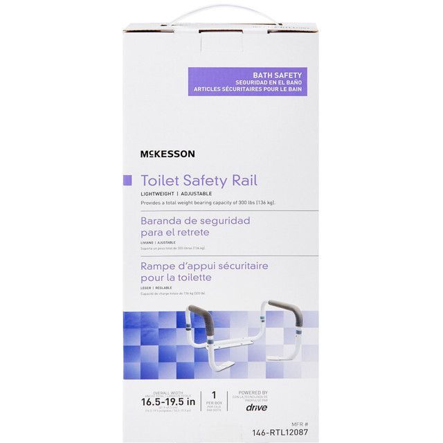Box of McKesson toilet safety rail. White box with product details and illustration of the rail.