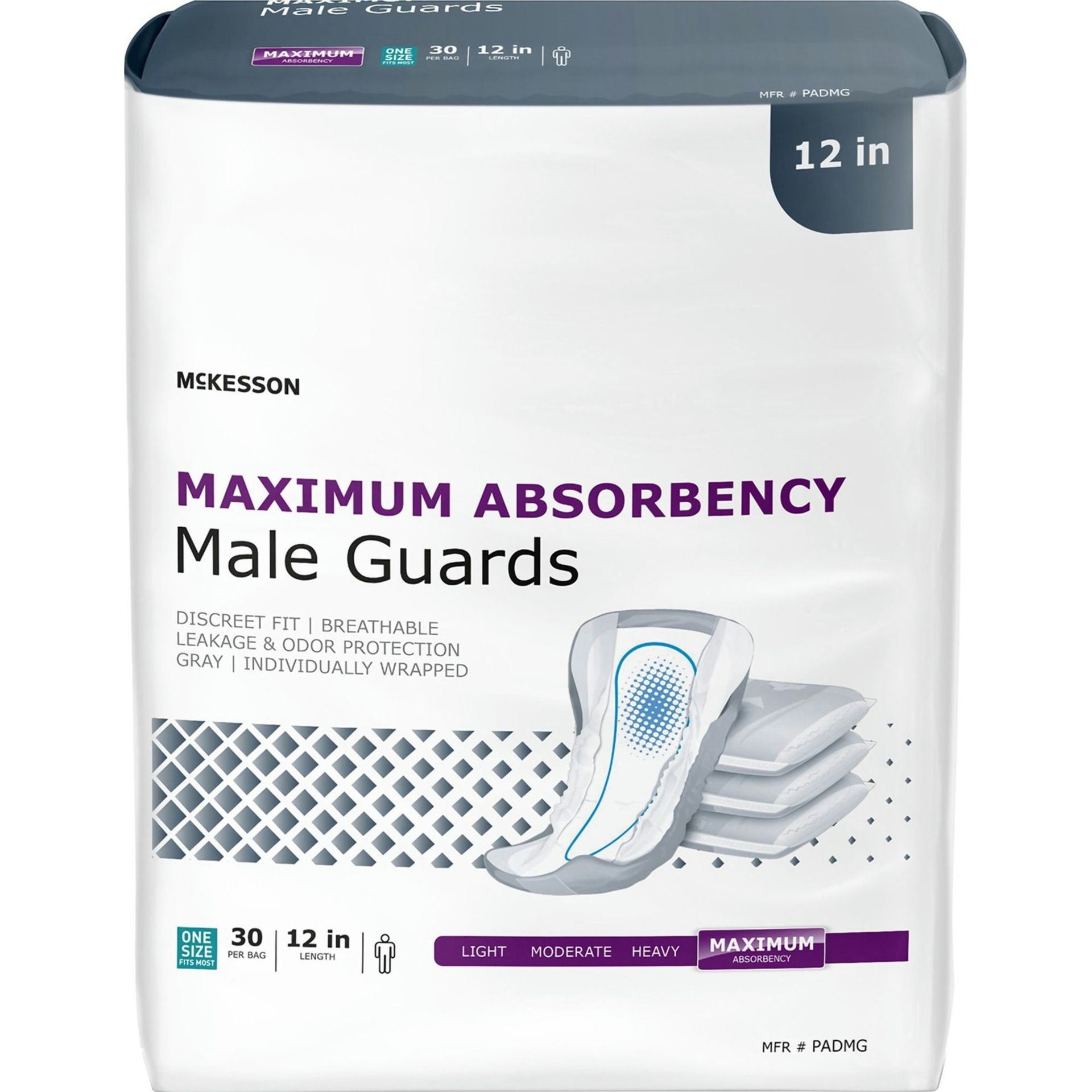 Package of McKesson Maximum Absorbency Male Guards, white with purple text, showing absorbent pads.