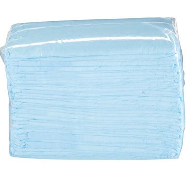 Stack of light blue disposable absorbent pads wrapped in clear plastic.
