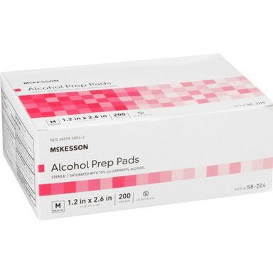 Box of McKesson alcohol prep pads, white with red accents, on a white background.