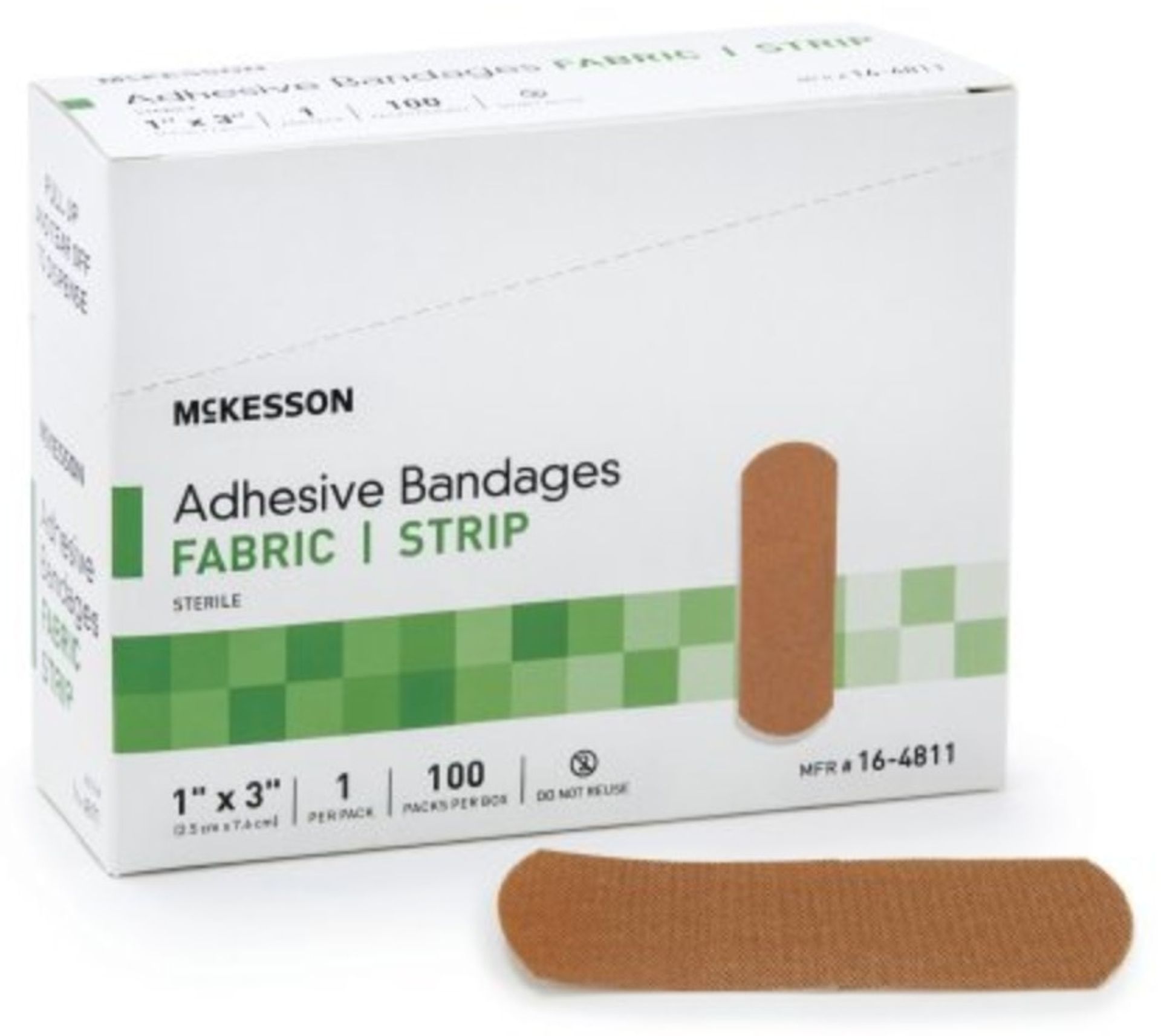 Box of McKesson fabric adhesive bandages, tan color, with one bandage visible.