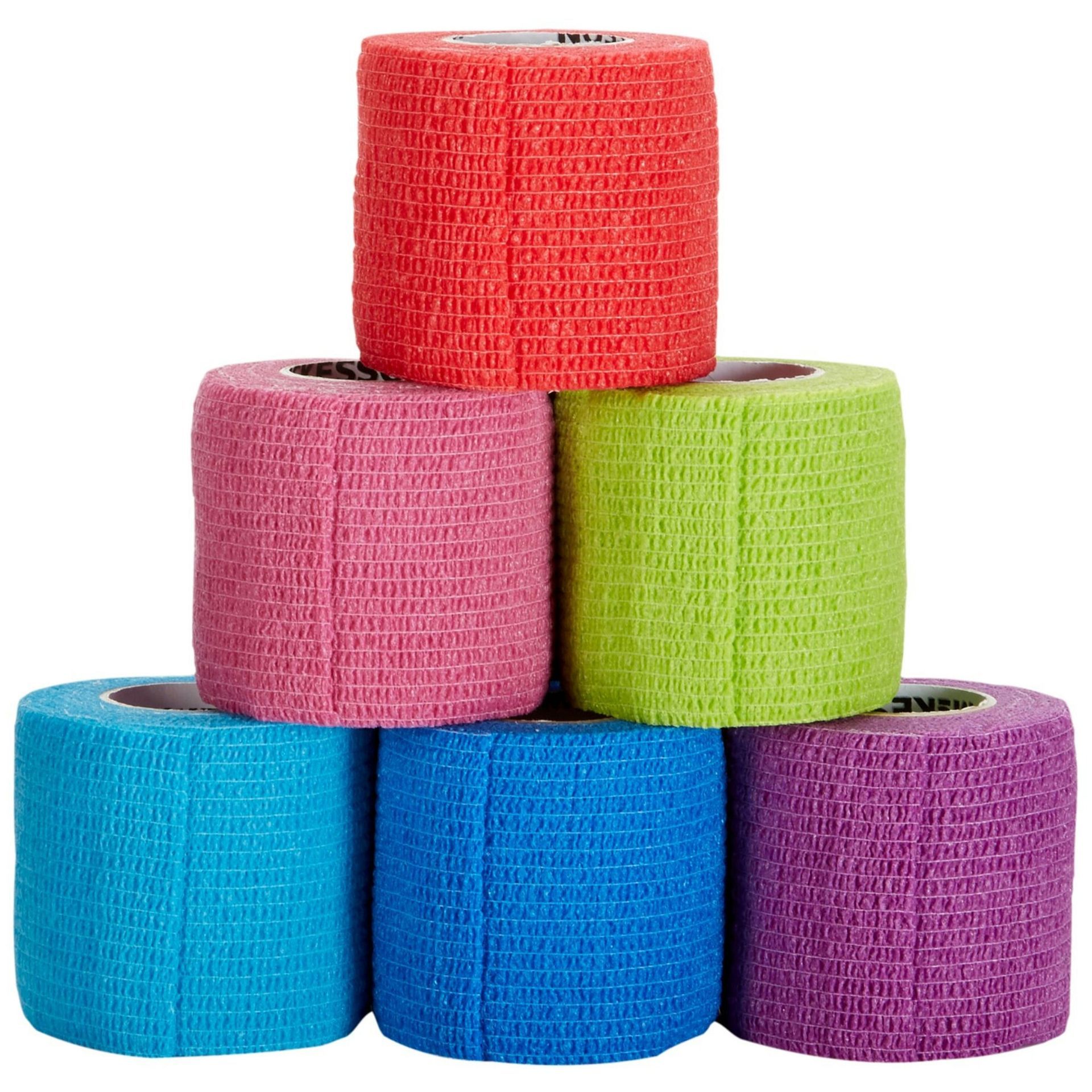Colorful self-adhesive bandage wraps stacked in a pyramid: red, pink, green, blue, dark blue, and purple.