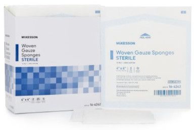 Box and individual sterile gauze sponges, white and blue packaging.