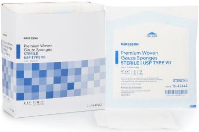 Box and individual packet of McKesson sterile gauze sponges.